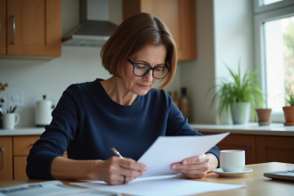Femme d'âge moyen lisant des documents dans la cuisine
