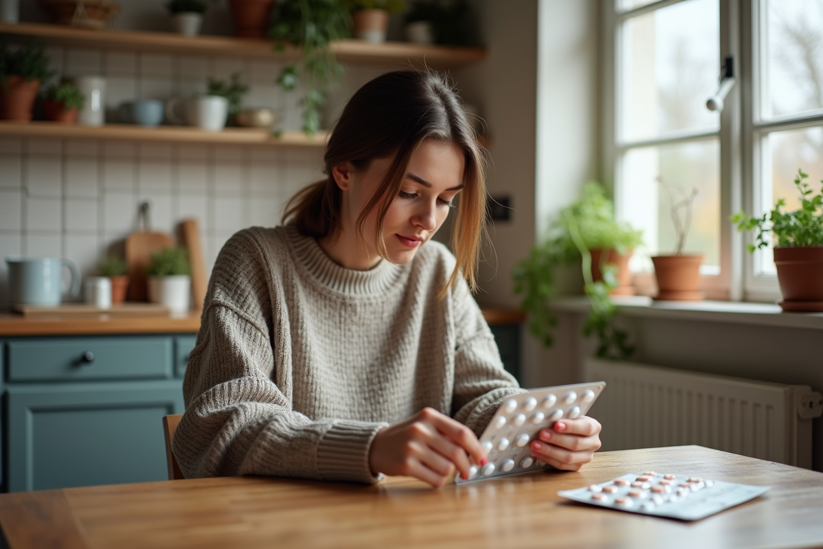 Jeune femme lisant une notice d antibiotique dans une cuisine chaleureuse