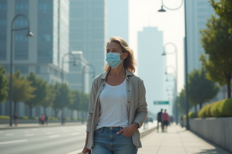 Femme portant un masque et inhalateur en ville brumeuse