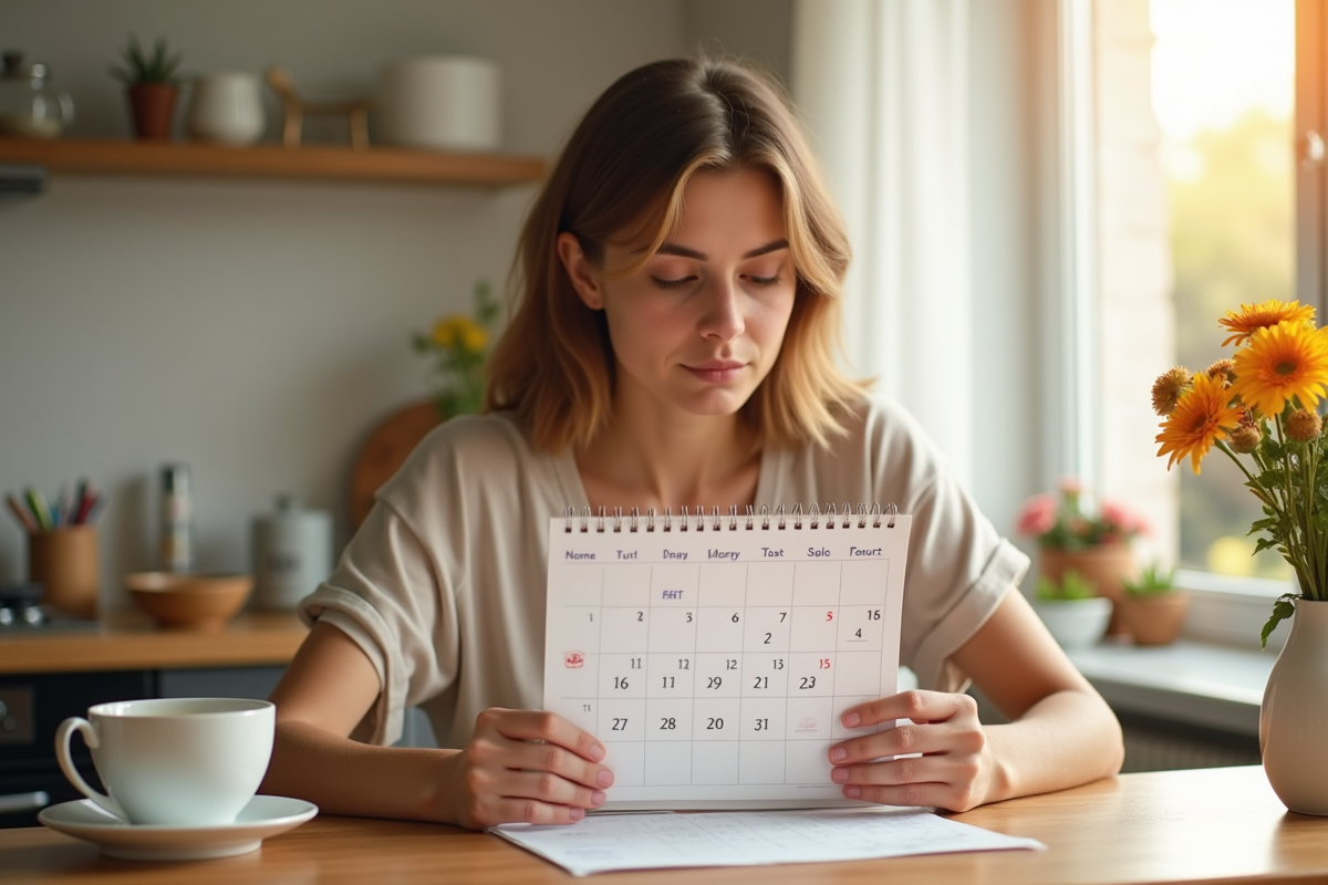 Jeune femme au matin avec calendrier et test de grossesse