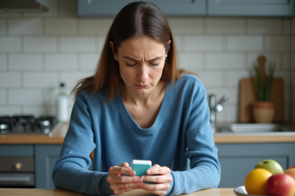 Femme lisant une boîte de médicaments dans la cuisine