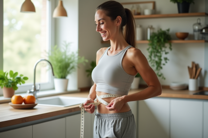 Femme mesurant son ventre dans une cuisine lumineuse