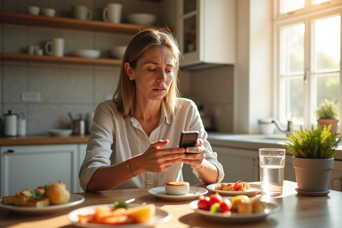 Femme regardant un appareil de suivi du glucose au matin