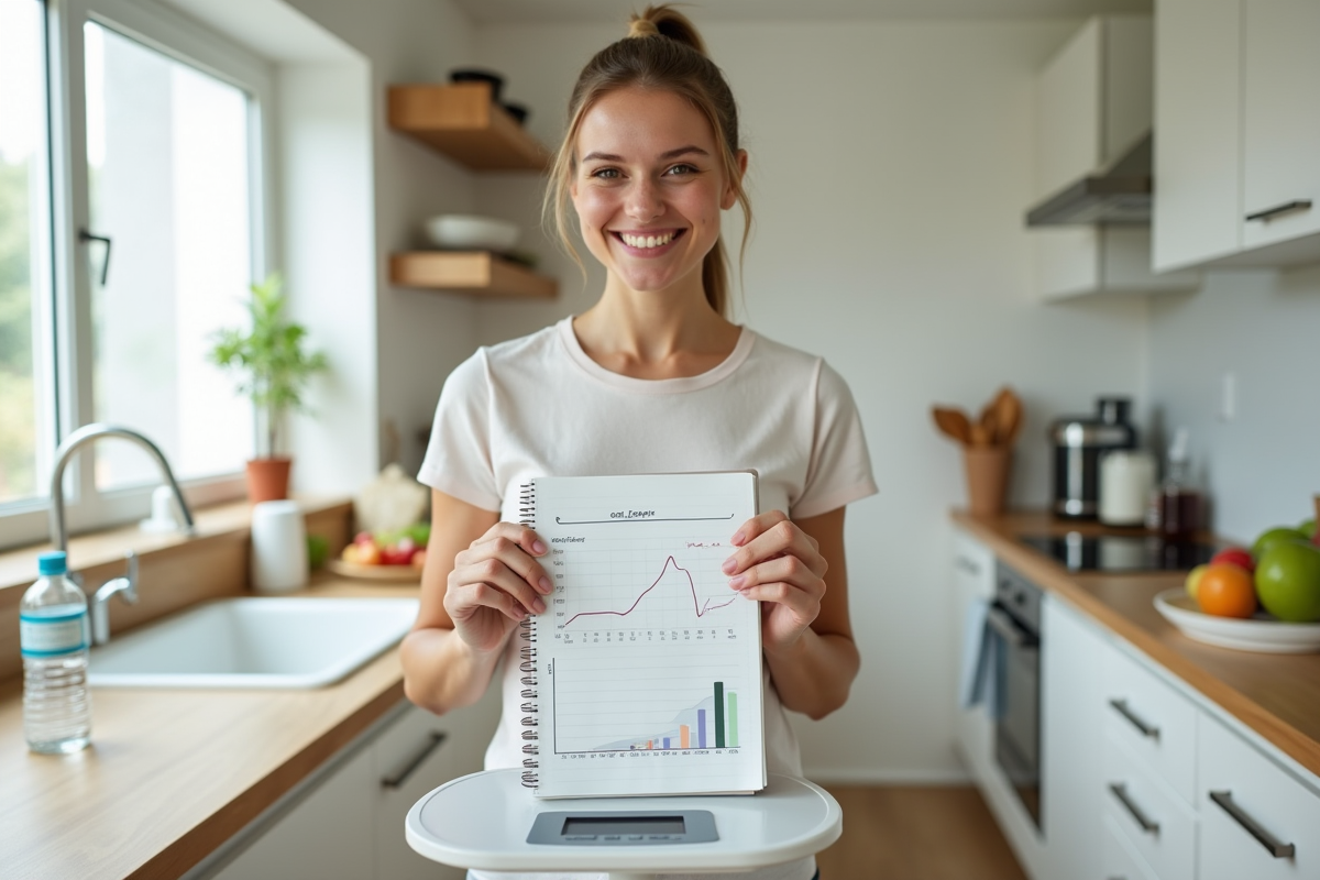 Femme souriante sur la balance avec un carnet de suivi