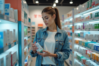 Femme examinant des compléments en pharmacie