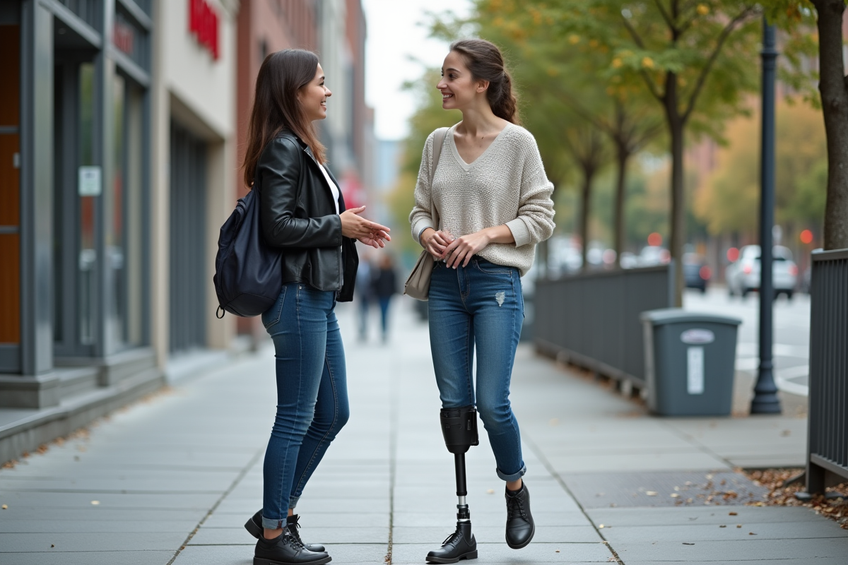 Jeune femme avec prothese dans la ville