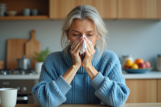 Femme en pull bleu se mouchant dans une cuisine lumineuse