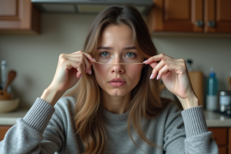 Jeune femme pensant avec une mèche de cheveux à la maison