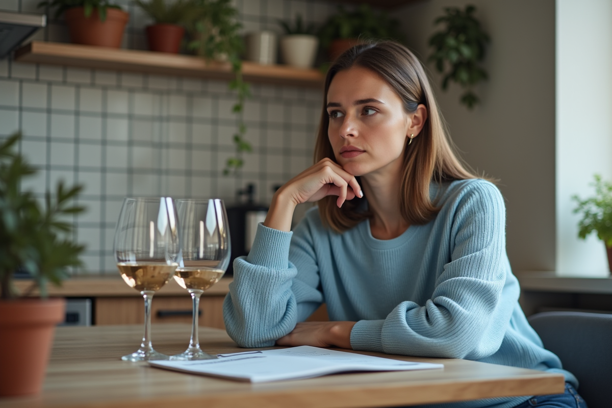 Femme pensant à la grossesse dans une cuisine chaleureuse