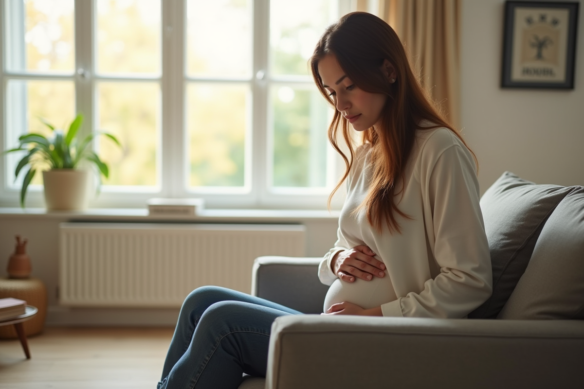 Femme en réflexion posant la main sur le ventre dans un salon lumineux