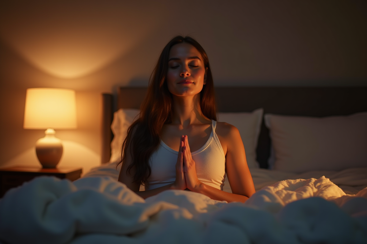 Jeune femme respirant profondément dans son lit la nuit