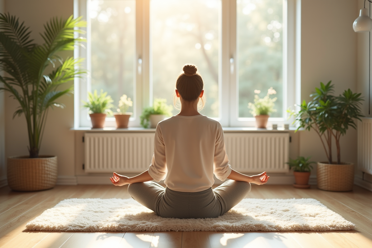 Jeune femme pratiquant la respiration profonde dans un salon lumineux