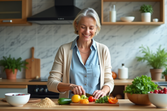 Femme méditerranéenne prépare une salade colorée dans la cuisine