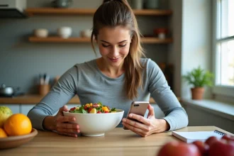 Femme en athleisure mange une salade colorée