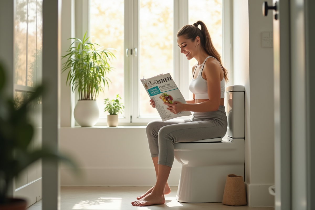 Femme heureuse lisant un magazine dans une salle de bain lumineuse
