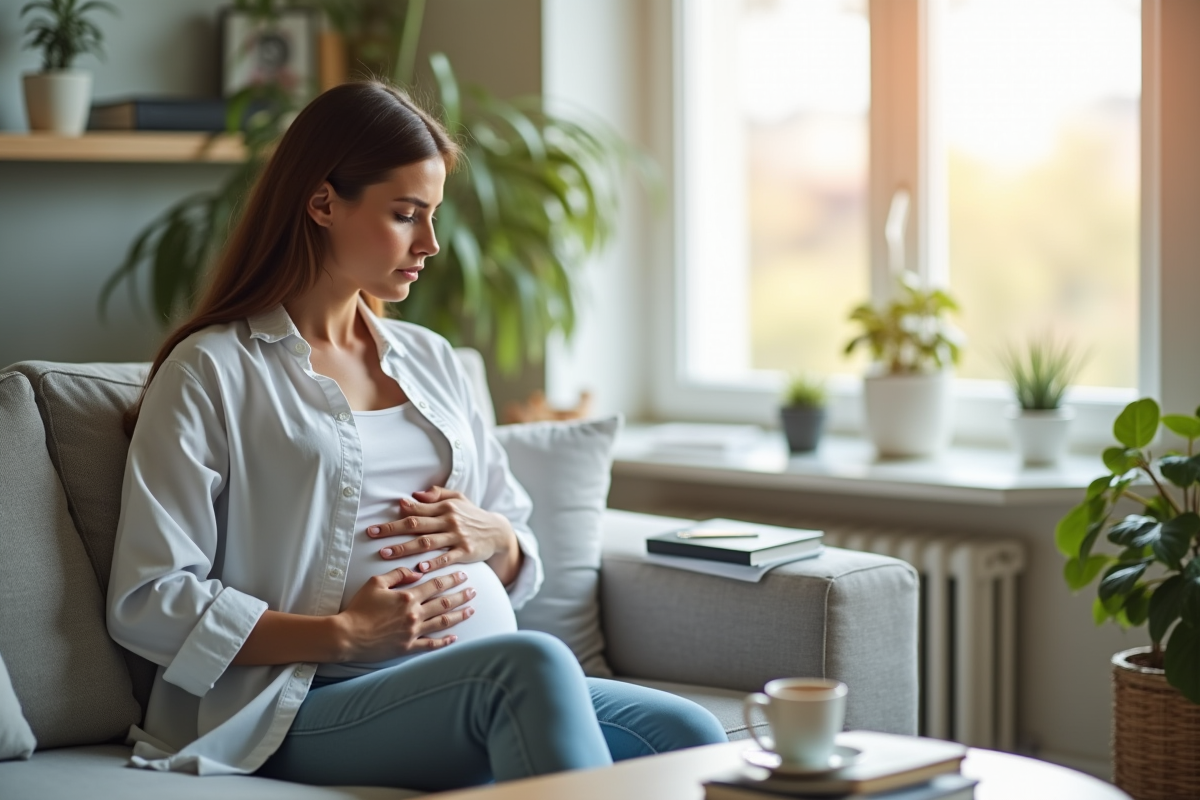 Femme assise sur un canapé dans un salon lumineux tenant son ventre
