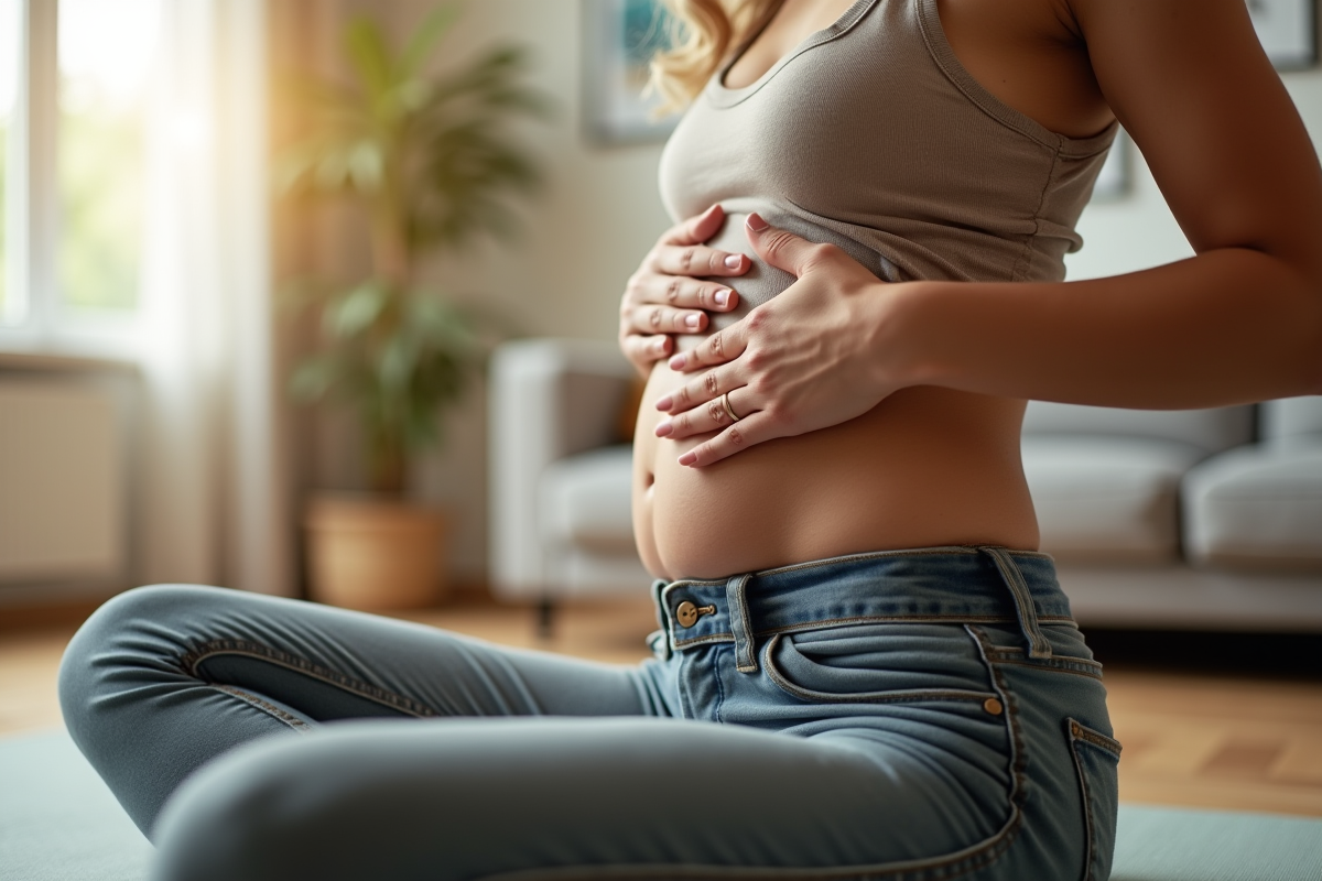 Femme assise sur un tapis de yoga posant sa main sur le ventre