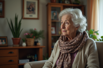 Femme senior regardant par la fenêtre dans un salon paisible