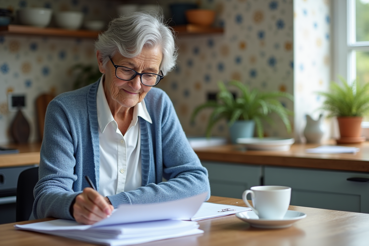 Femme senior lisant des papiers dans sa cuisine chaleureuse