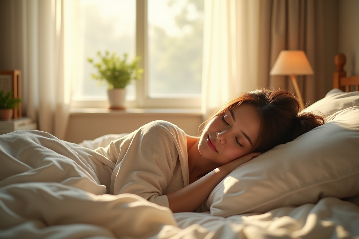 Jeune femme dormant paisiblement dans une chambre lumineuse