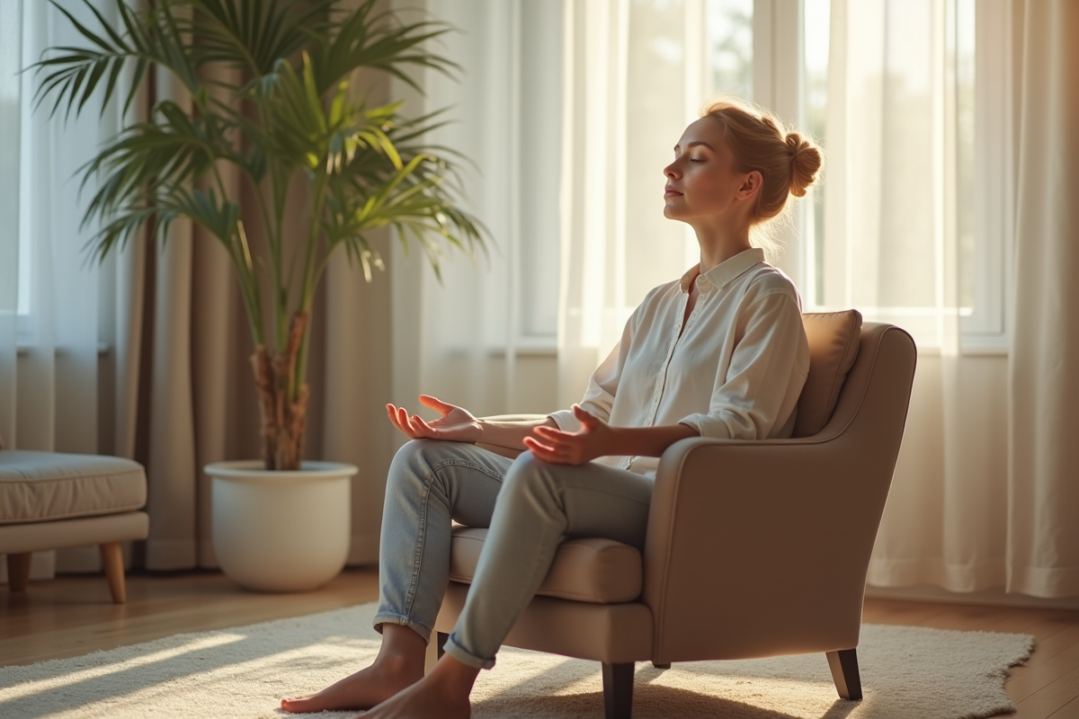 Jeune femme pratiquant la sophrologie dans un salon calme