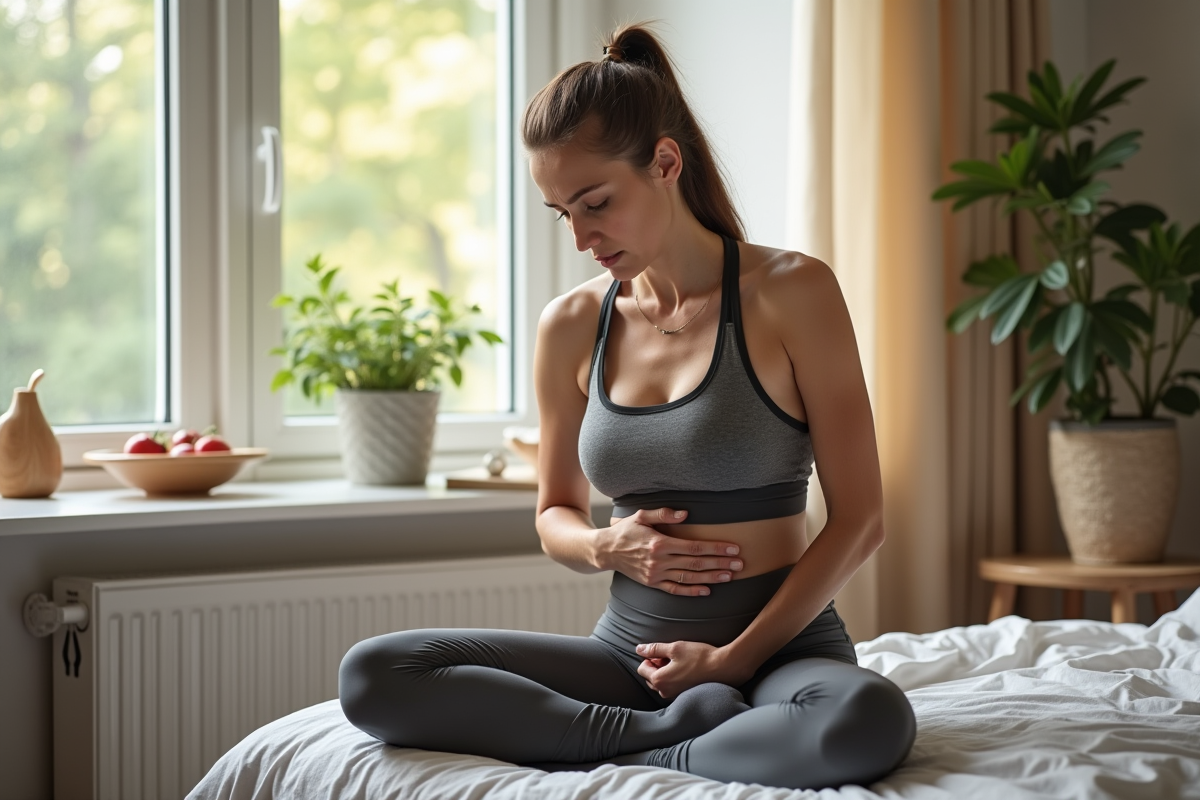 Femme d'âge moyen en tenue de sport regarde son ventre