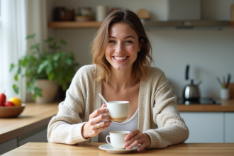 Femme souriante buvant un yaourt probiotiques au petit déjeuner