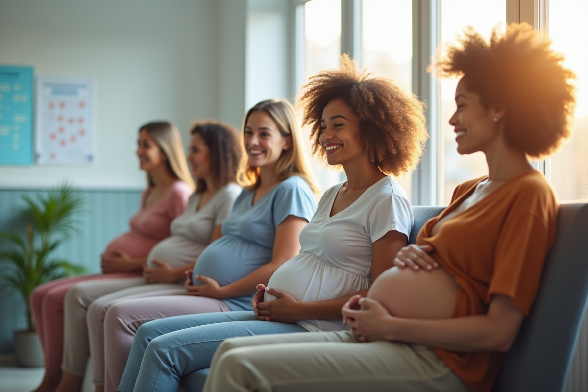 Groupe de femmes enceintes dans une salle d'attente lumineuse