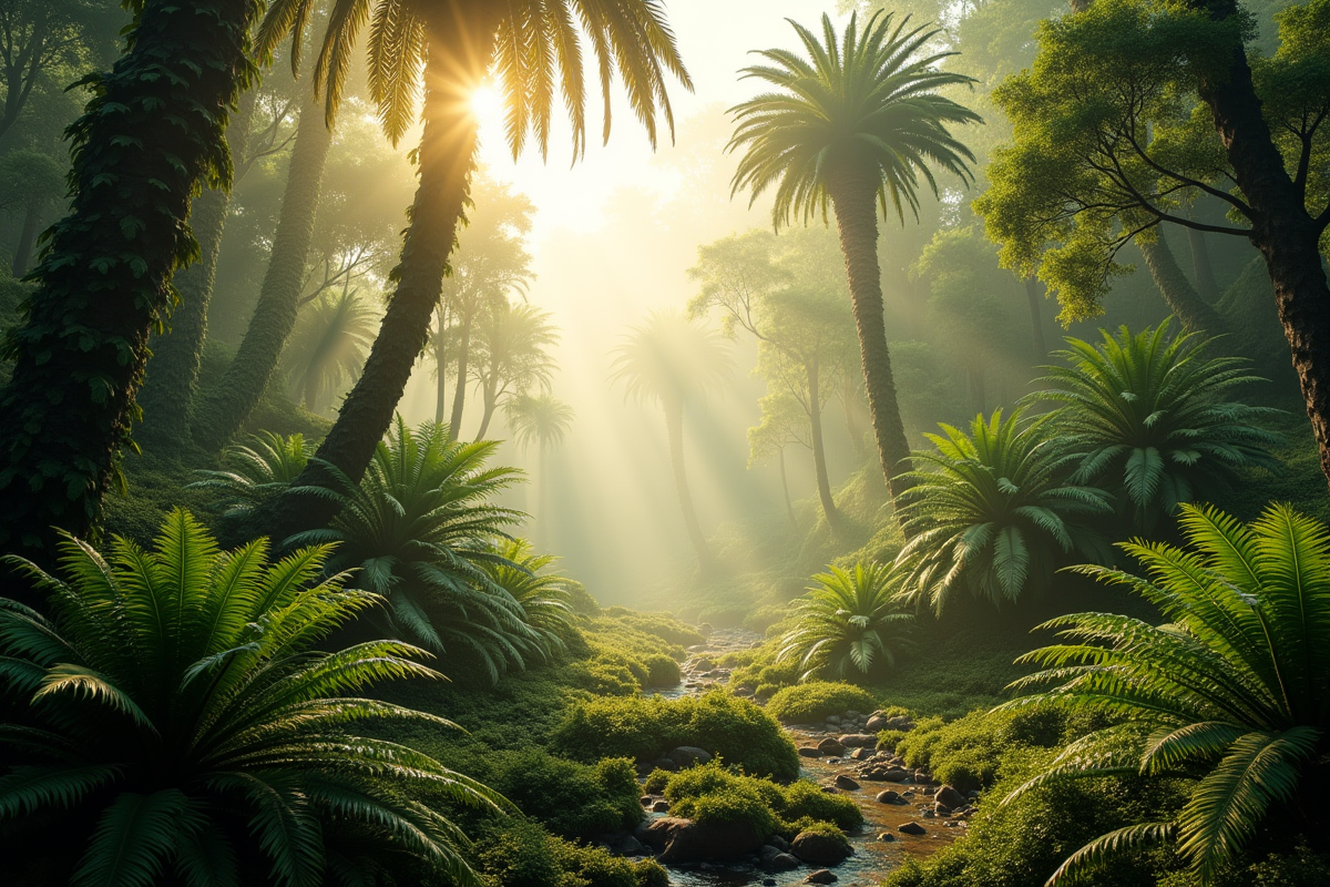Paysage de foret prehistorique verte et lumineuse