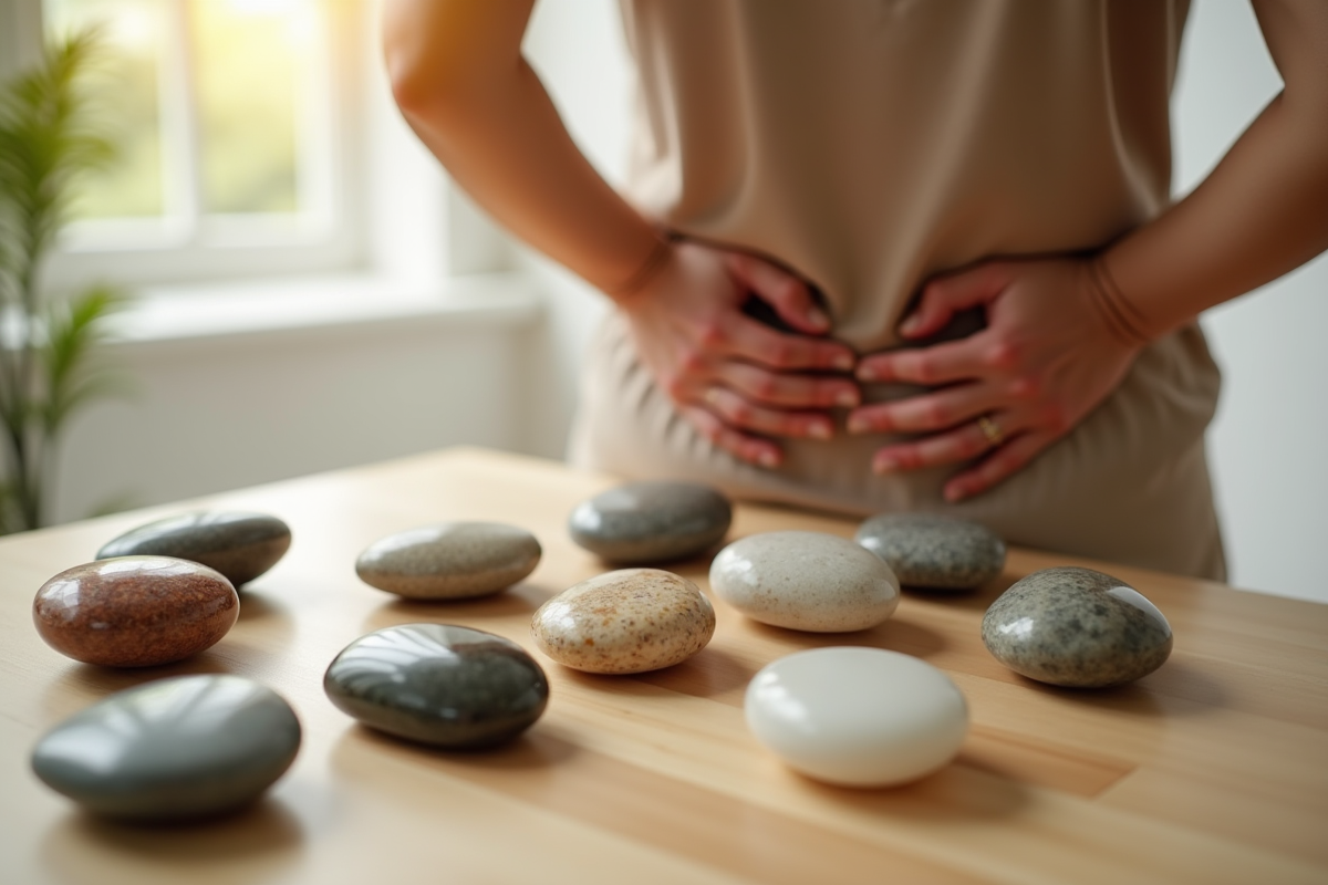 Gemmes polies pour massage sur table en bois naturel