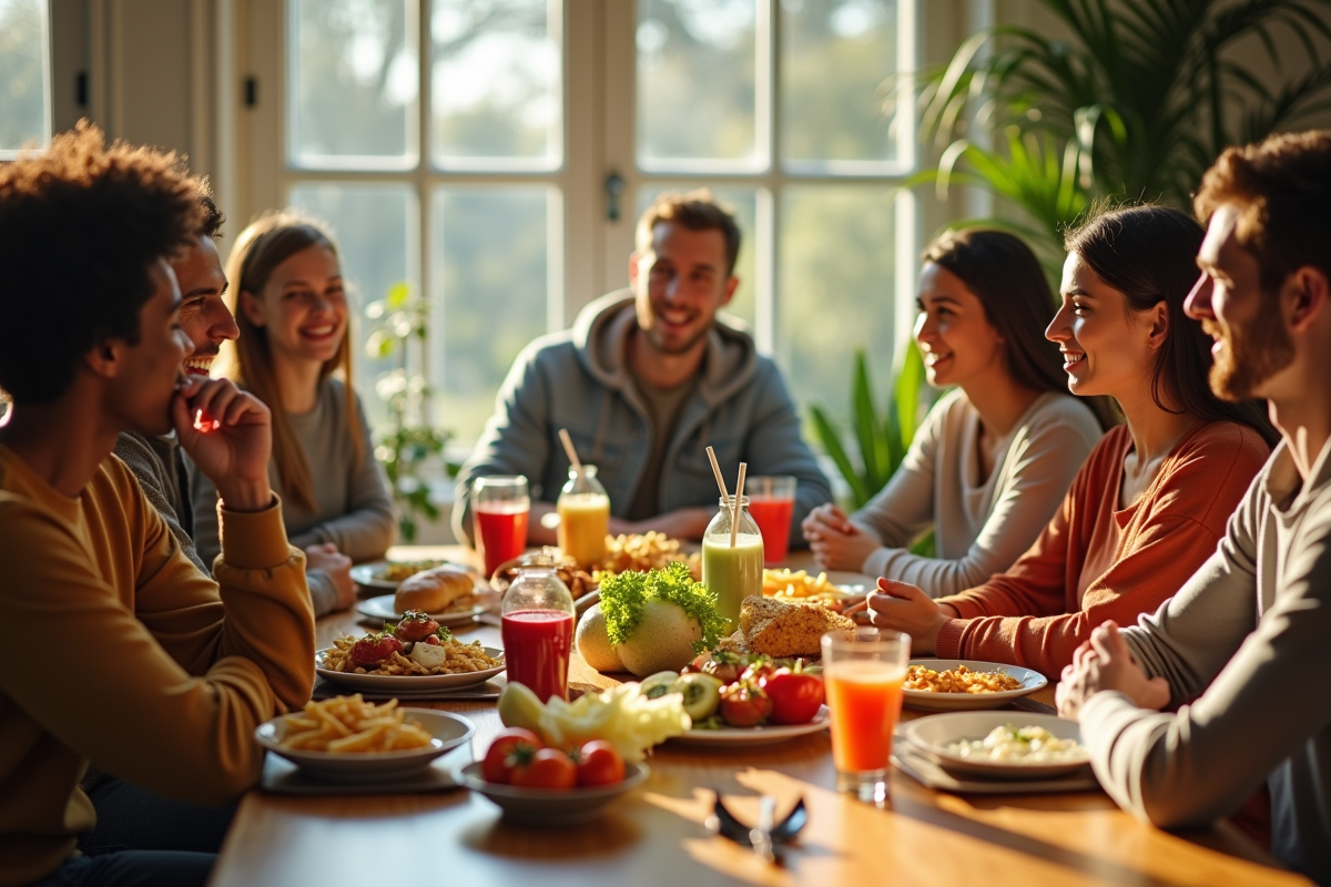 Groupe de personnes autour d'un repas avec aliments sains et malsains