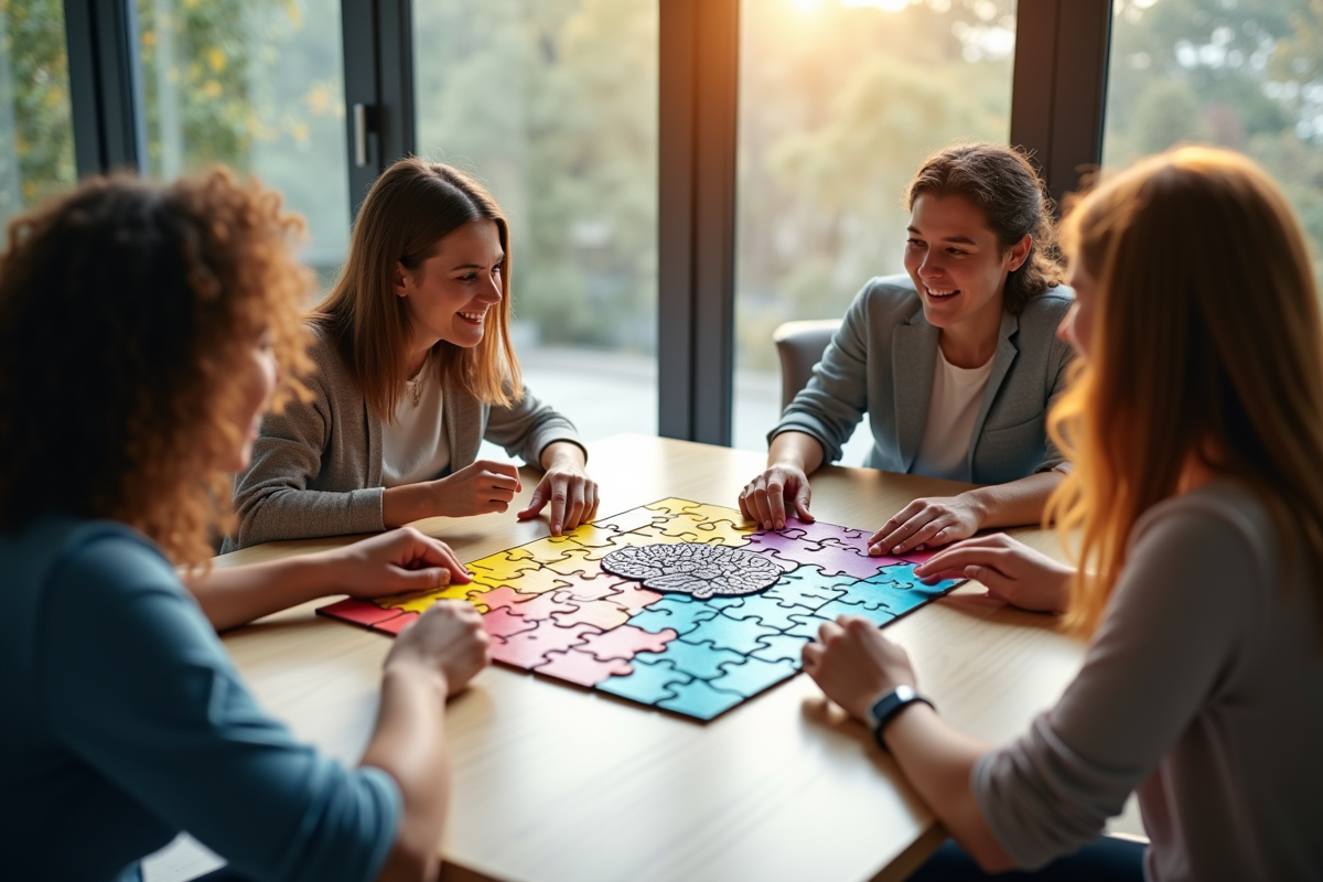 Quatre personnes autour d'une table complètent un puzzle coloré avec un cerveau