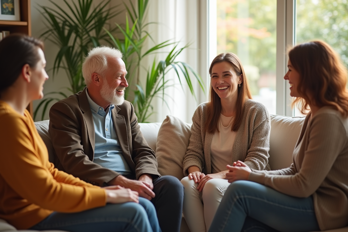 Groupe de personnes souriantes dans un salon lumineux