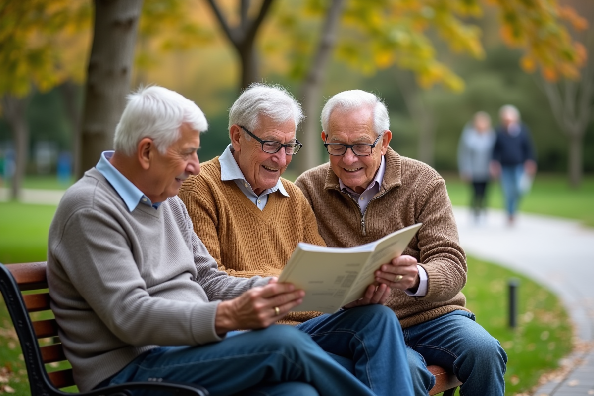 Trois seniors discutant sur un banc dans un parc en plein air