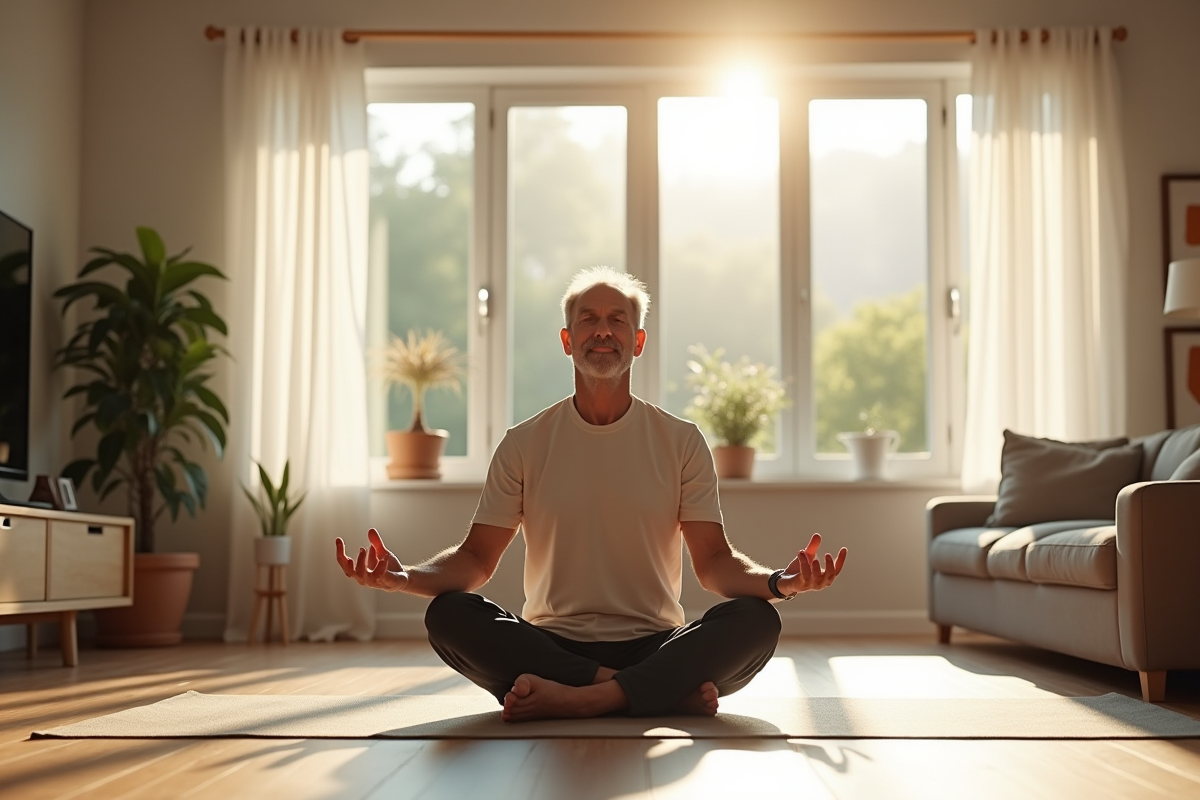 Homme age pratiquant le yoga dans un salon lumineux