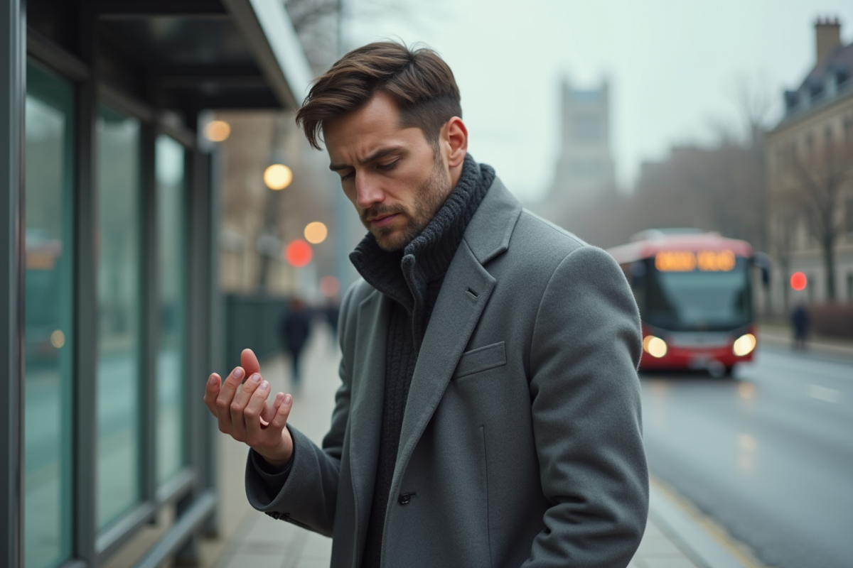 Jeune homme en manteau au arrêt de bus en ville