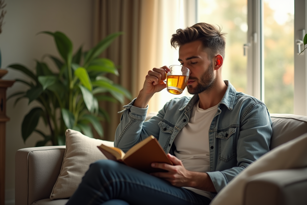 Homme buvant une tisane en lisant dans un salon lumineux