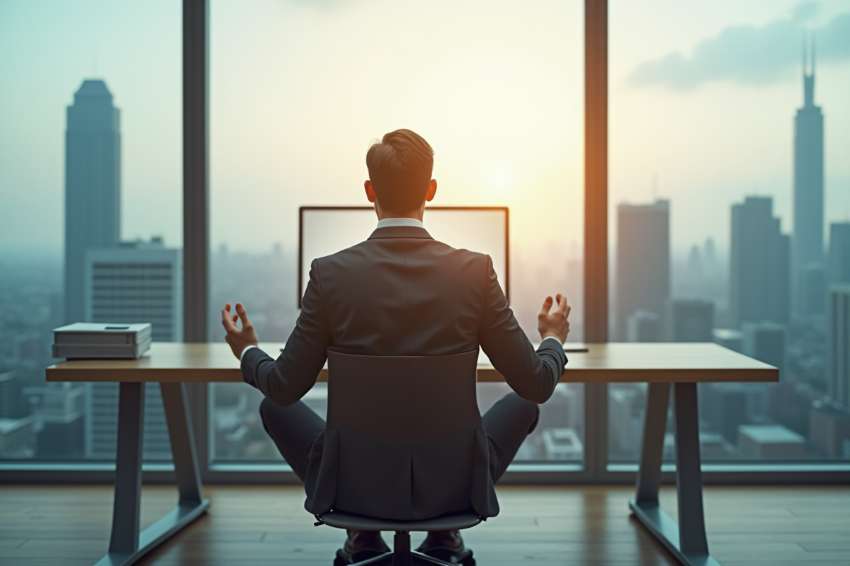 Homme en pause meditation dans un bureau moderne