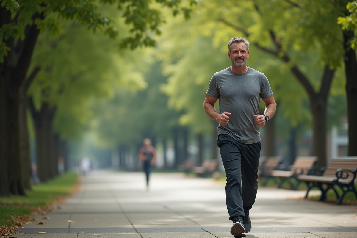 Homme courant dans un parc urbain verdoyant