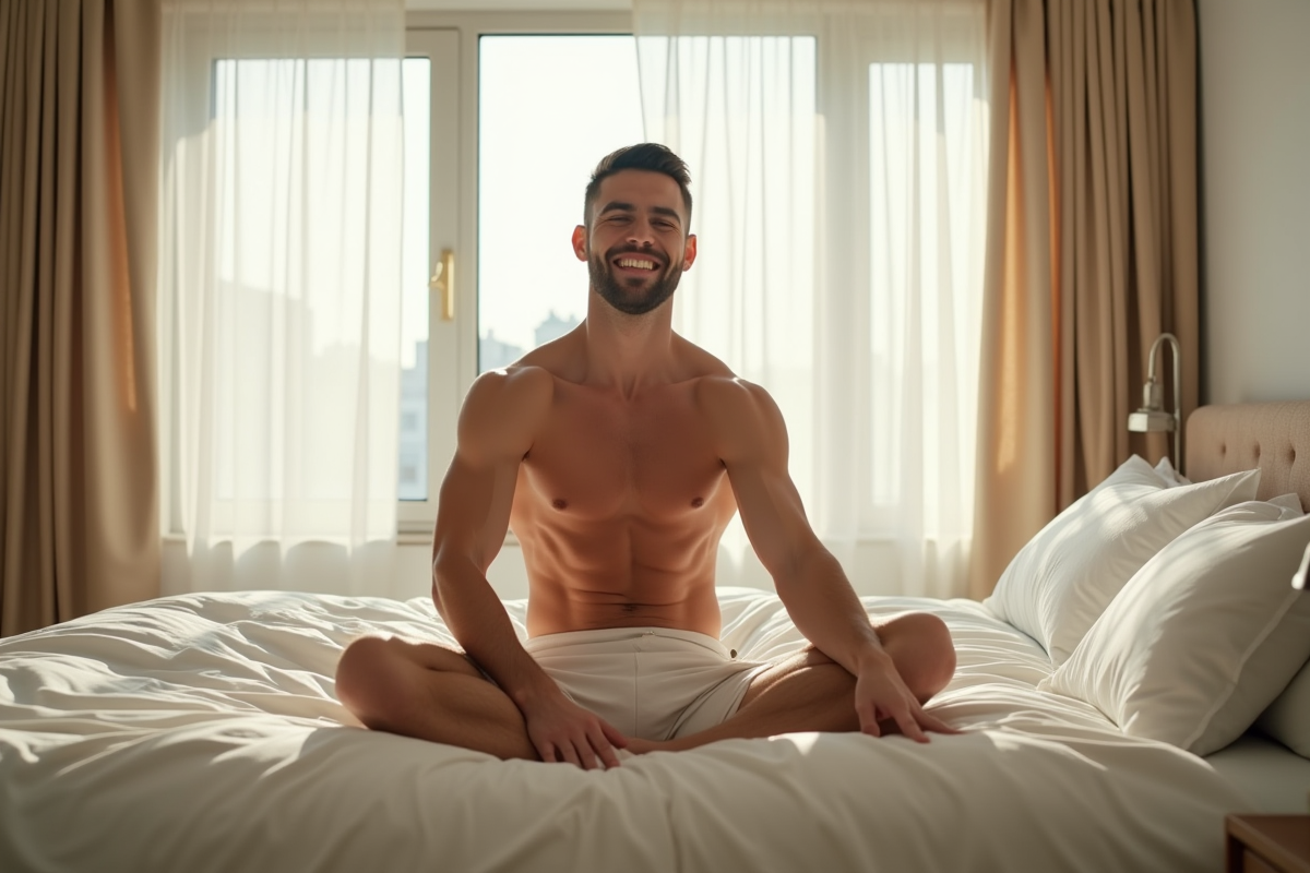 Homme en pleine extension dans une chambre moderne ensoleillee