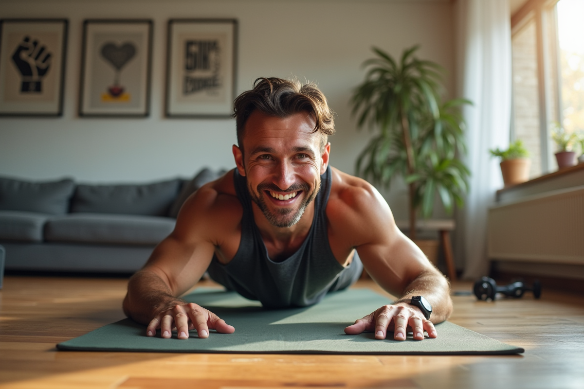 Homme souriant faisant un planche dans un salon lumineux