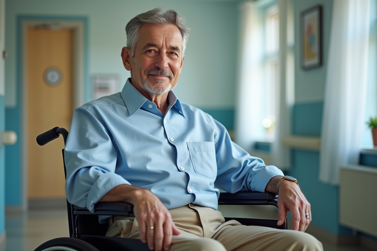 Homme en fauteuil en centre de reeducation
