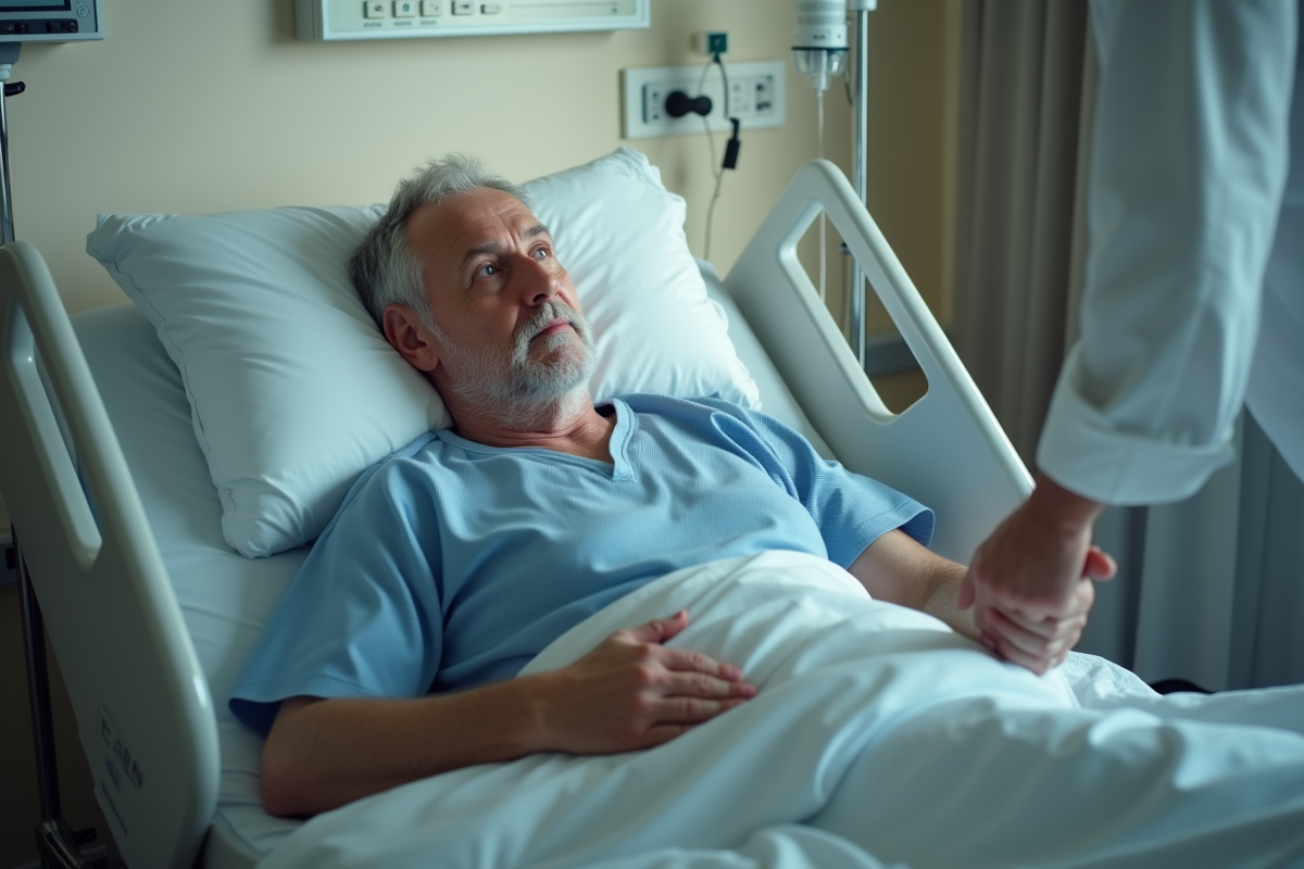 Homme hospitalisé tenant la main d