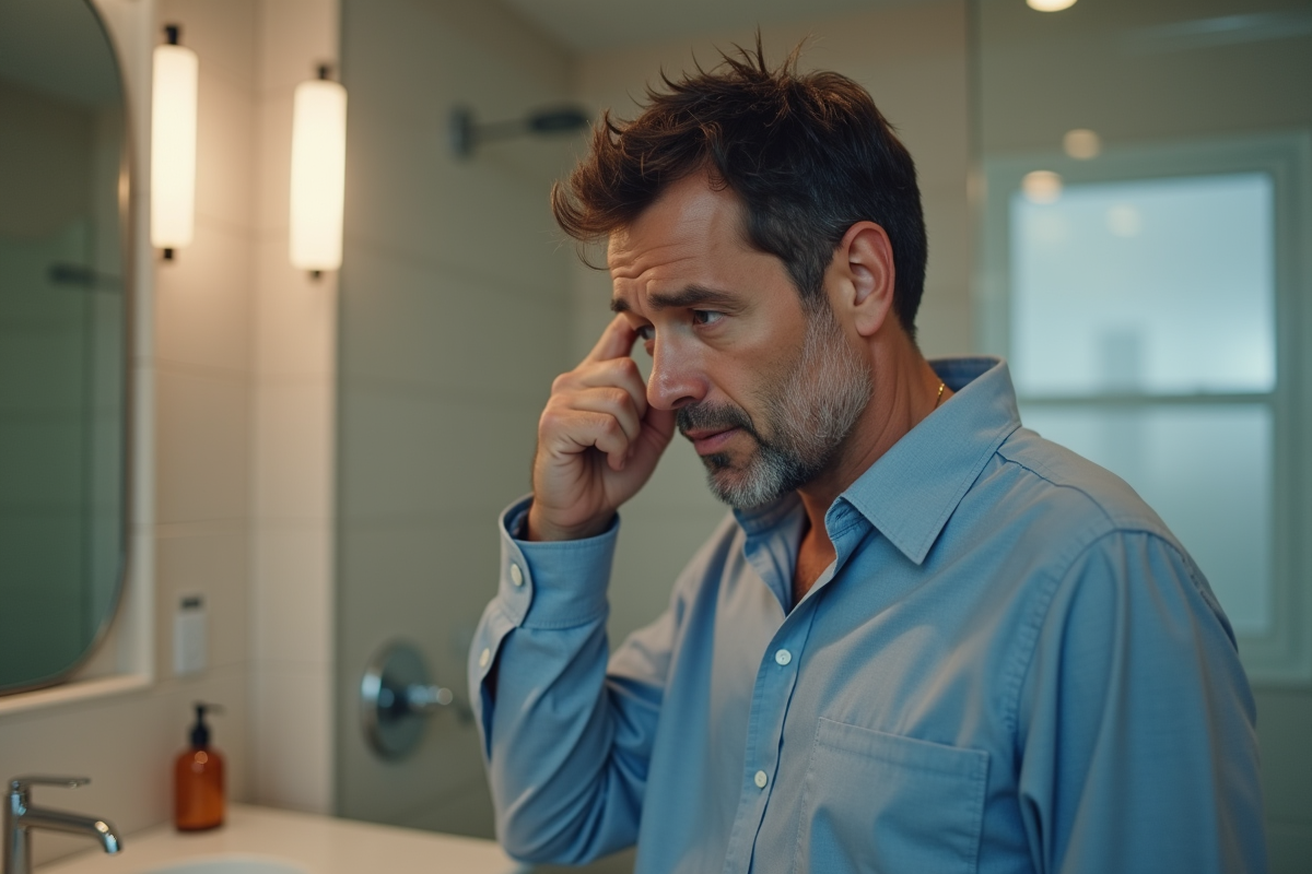 Homme se reniflant les cheveux dans une salle de bain moderne
