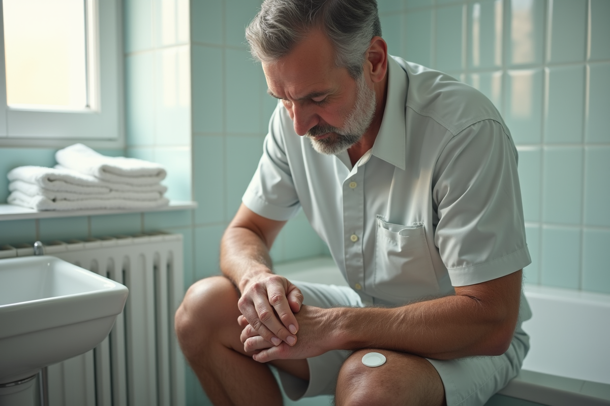 Homme massant une cicatrice près du genou dans la salle de bain