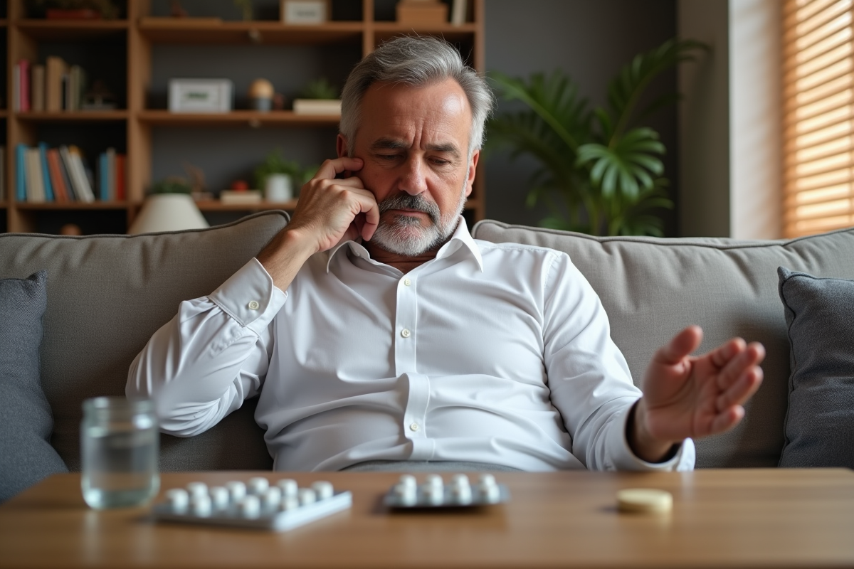 Homme assis sur le canapé avec médicaments et verre d
