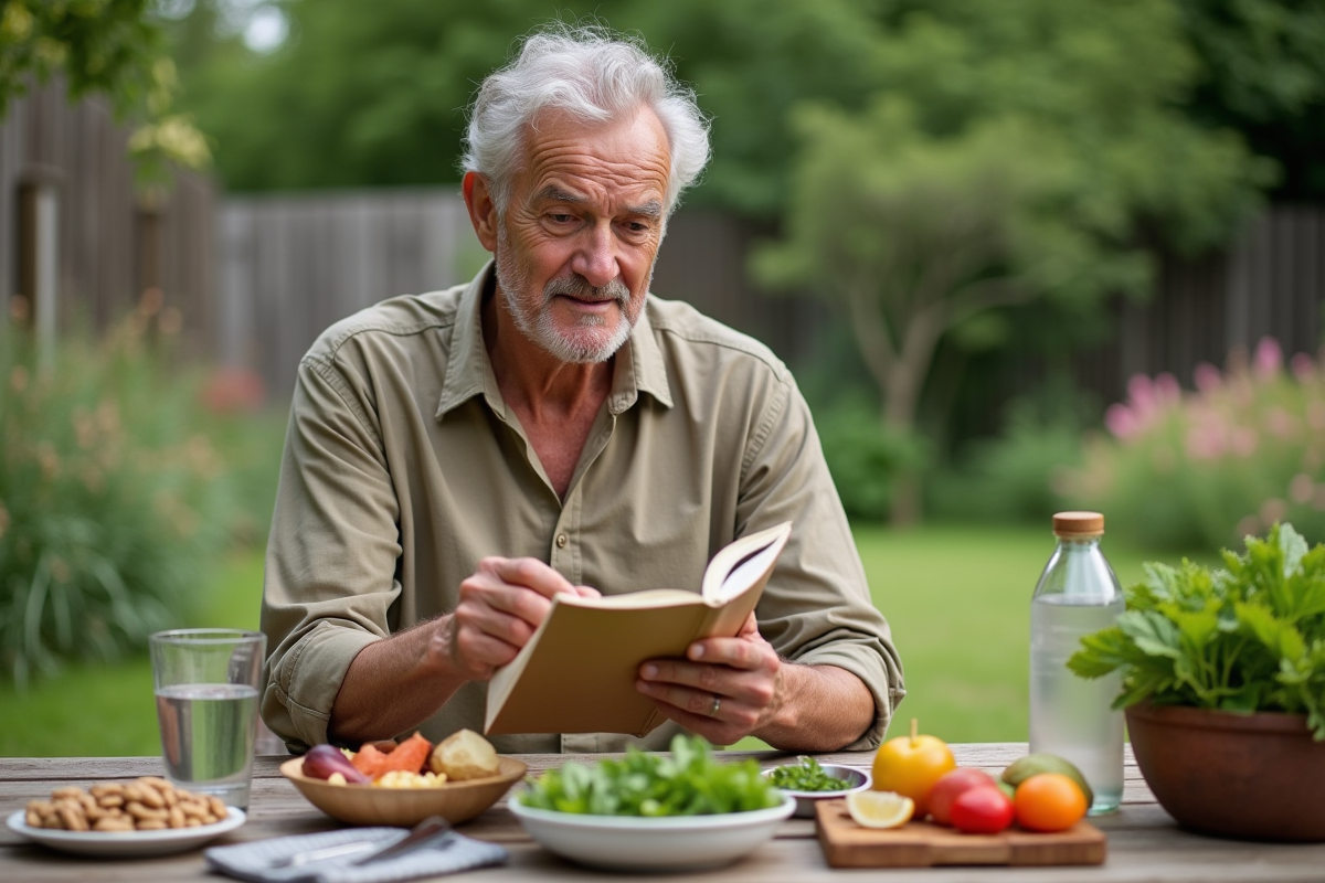 Homme âgé choisissant des aliments sains dans un jardin