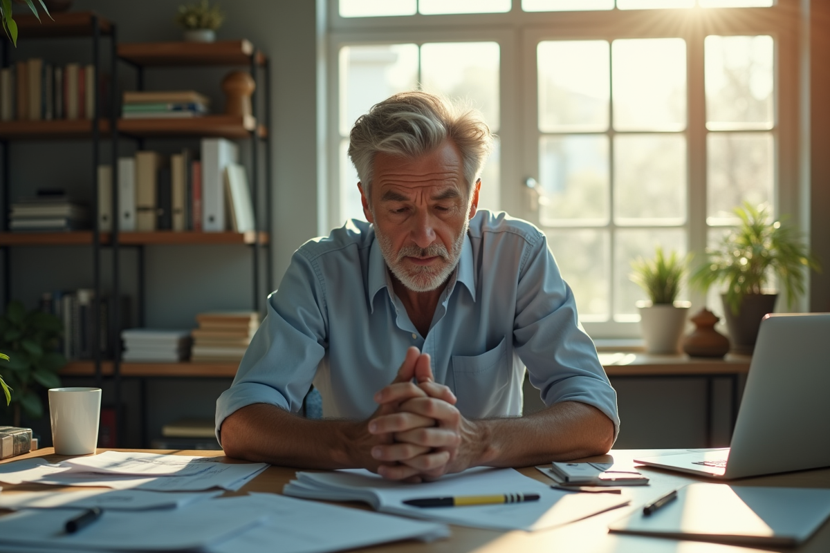 Homme stressé tentant de méditer dans un bureau encombré