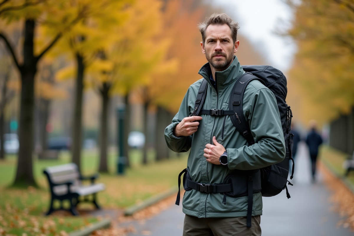 Homme ajustant un sac à dos de randonnée dans un parc urbain en automne