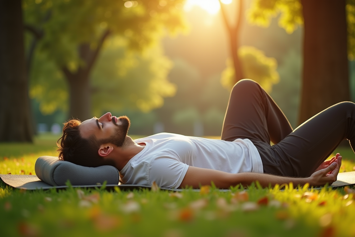 Homme allongé en relaxation dans un parc ensoleille